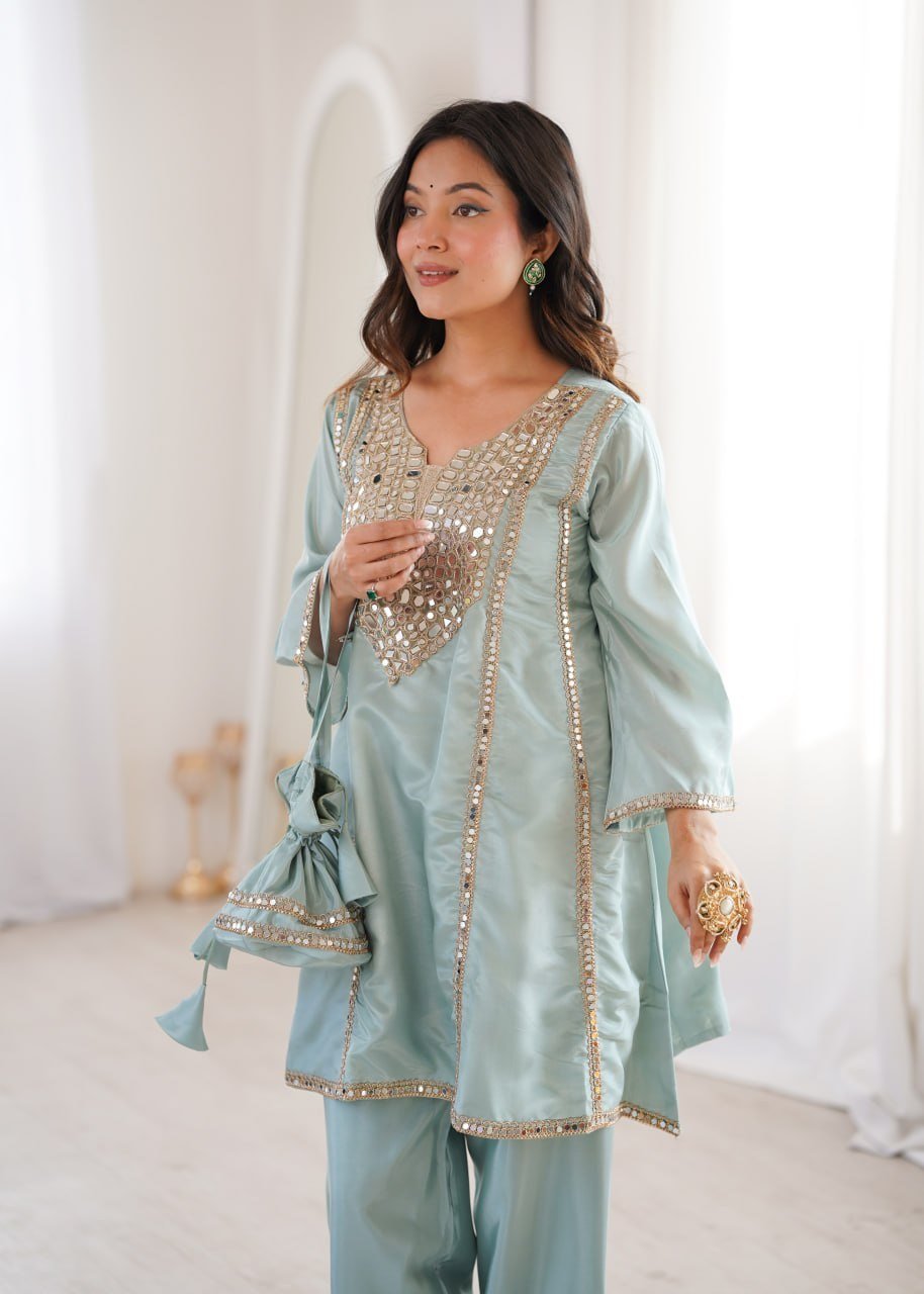 Maharani Royal Real Mirror Work Kurti Pant Set with Designer Batwa