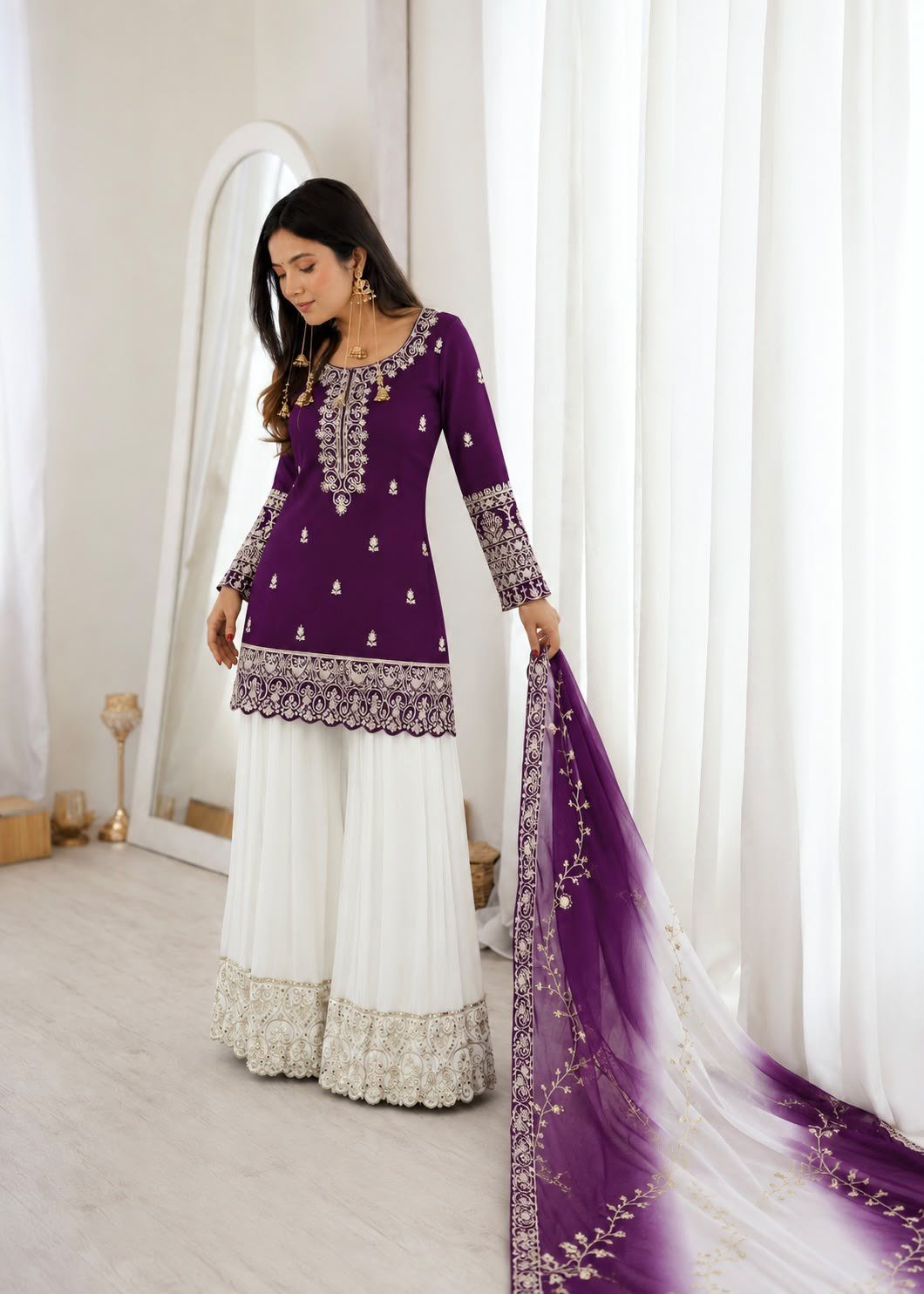 Rani Mahal Designer Natural Silk Embroidered Sequence Work Top Palazzo With Kundan Organza Dupatta Set--02