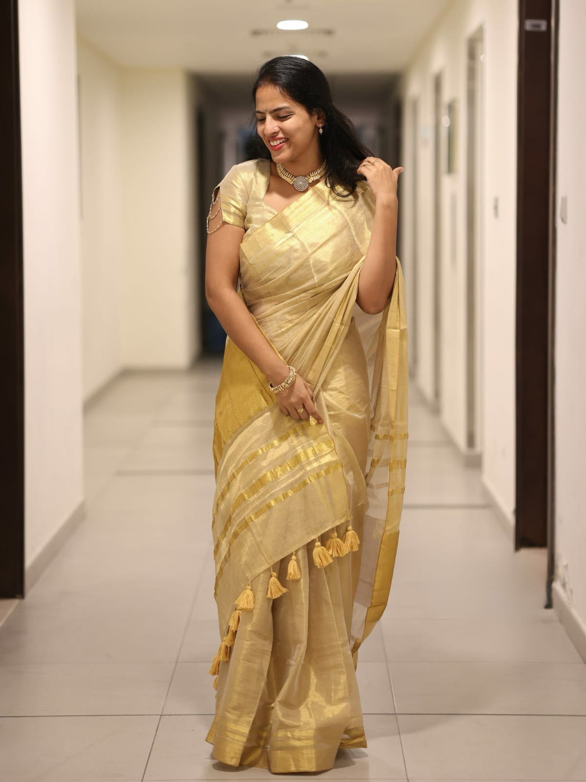 Rani Mahal Pure Soft Erode Gold Tissue Saree with Matching Tassels & Blouse