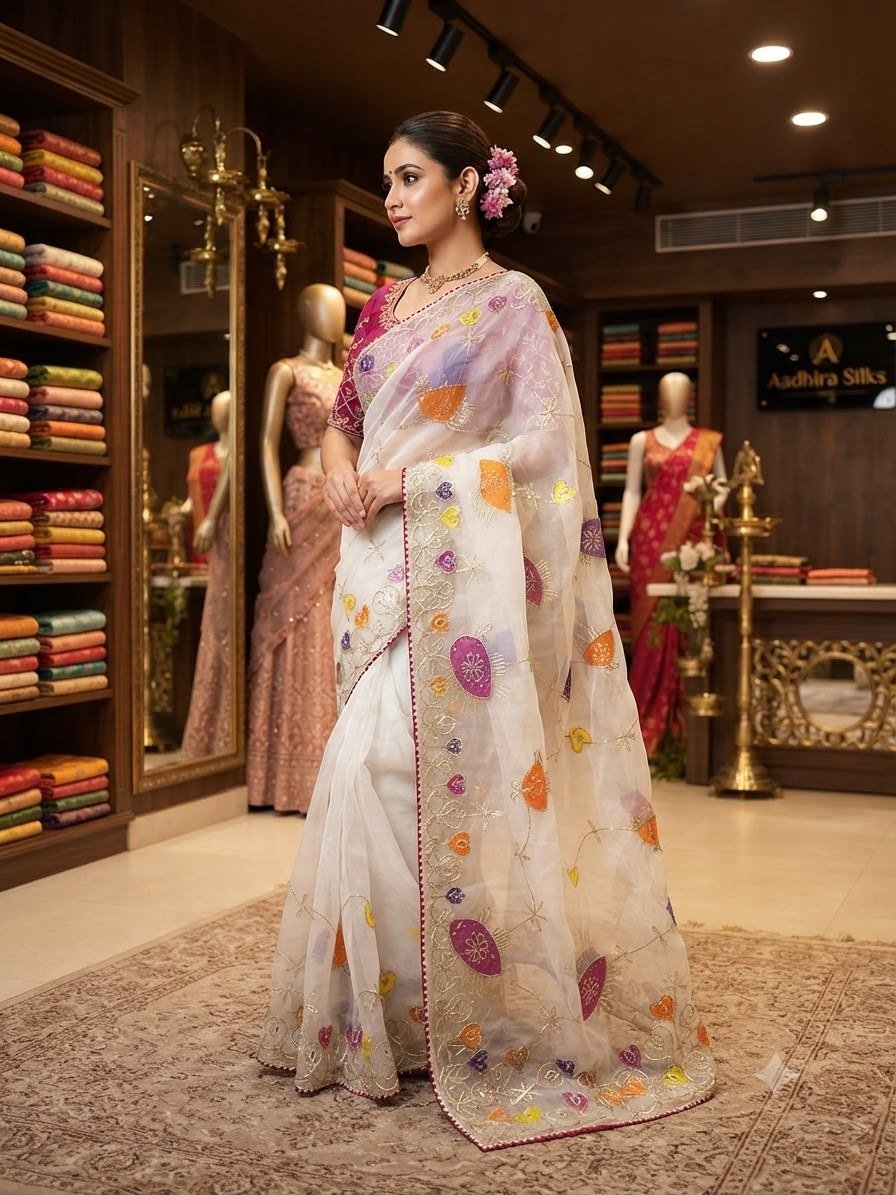 Rani Mahal BY RANISAHAB Multicolour Brush Print Chiffon Designer Saree with Embroidered Pallu & Worked Blouse