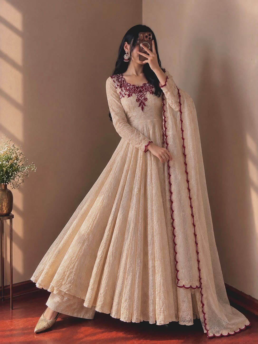 Royal Doremon Crush Embroidered Flared Gown with Pant & Butterfly Net Dupatta – by ranisahab