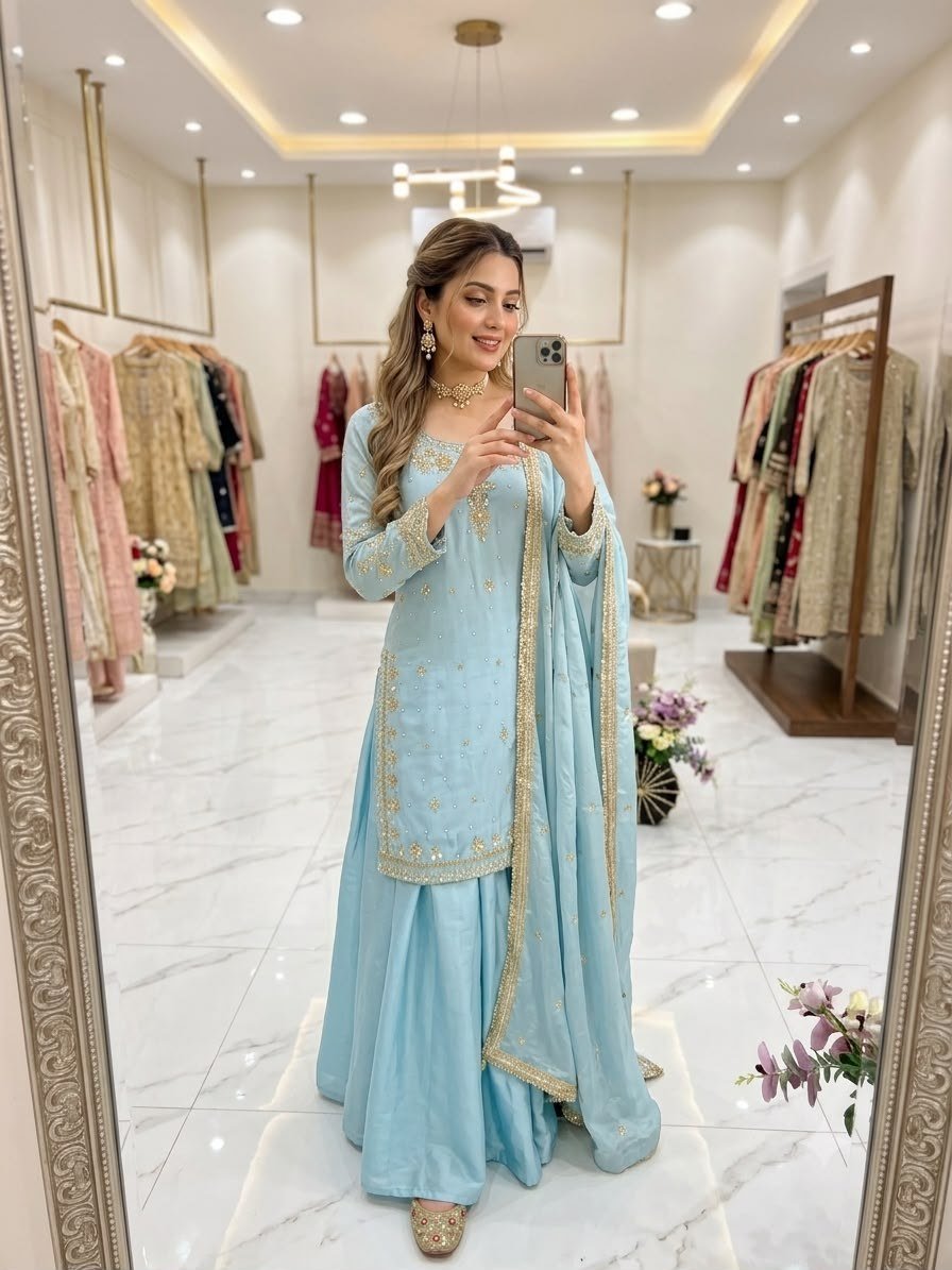 Trending Designer Fox Georgette Top Sharara with Dupatta by ranisahab